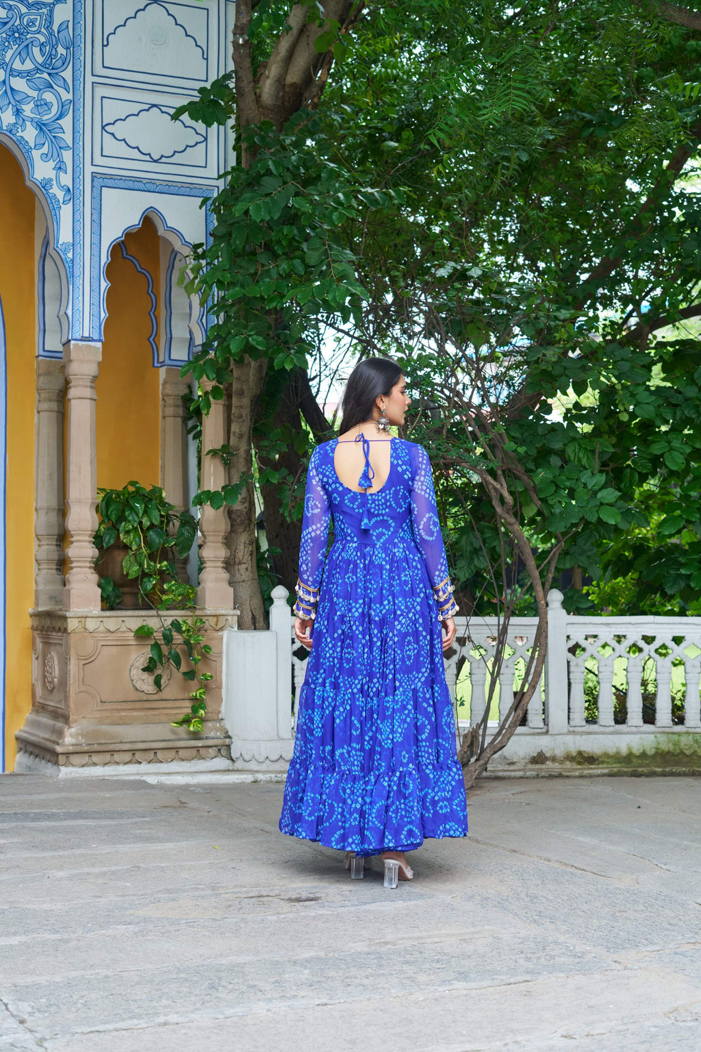 Prazu Fashion Blue Georgette Bandhani Print With Kutchi Patch work Navaratri Gown | Grocsy