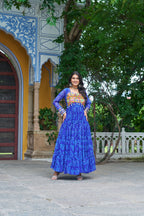 Prazu Fashion Blue Georgette Bandhani Print With Kutchi Patch work Navaratri Gown | Grocsy