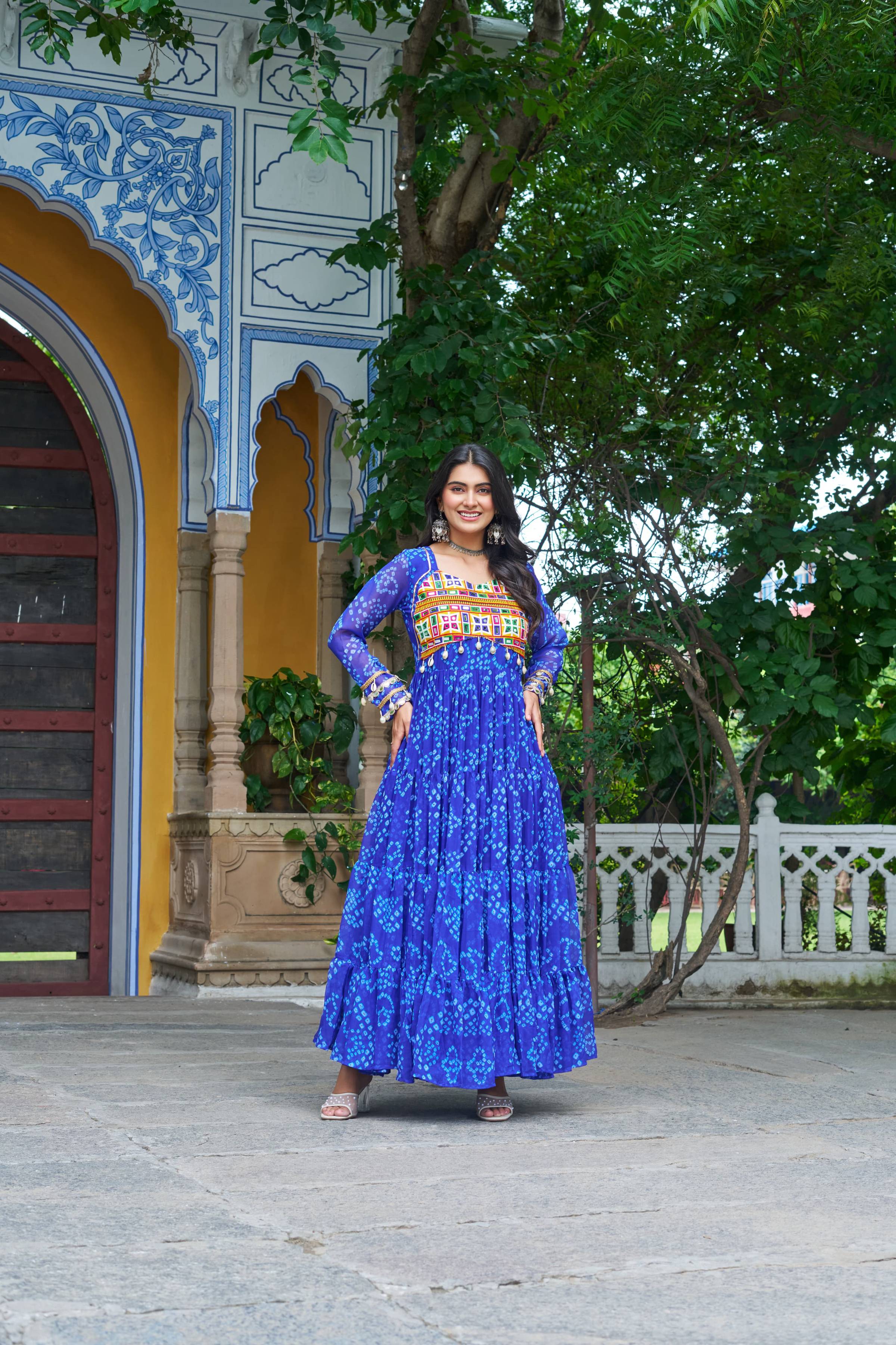 Prazu Fashion Blue Georgette Bandhani Print With Kutchi Patch work Navaratri Gown | Grocsy