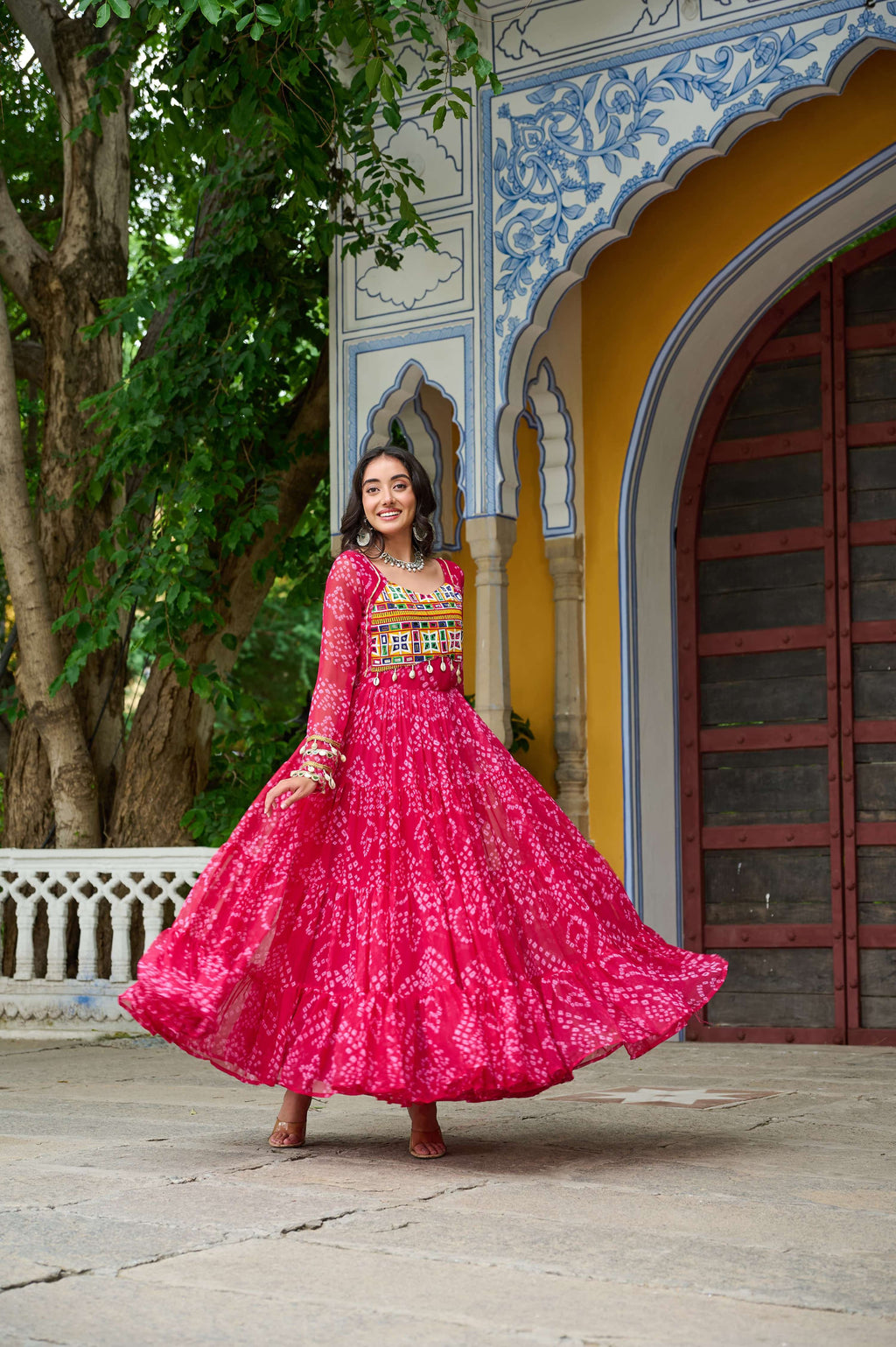 Prazu Fashion Pink Georgette Bandhani Print With Kutchi Patch work Navaratri Gown | Grocsy