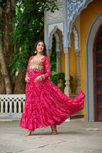 Prazu Fashion Pink Georgette Bandhani Print With Kutchi Patch work Navaratri Gown | Grocsy