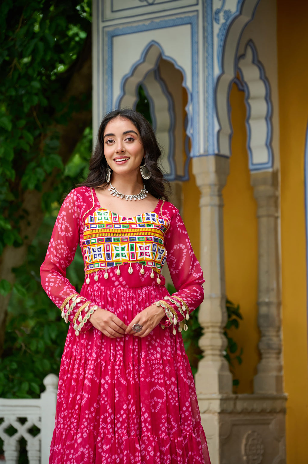 Prazu Fashion Pink Georgette Bandhani Print With Kutchi Patch work Navaratri Gown | Grocsy