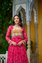 Prazu Fashion Pink Georgette Bandhani Print With Kutchi Patch work Navaratri Gown | Grocsy