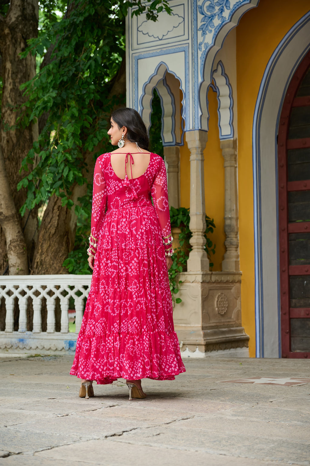 Prazu Fashion Pink Georgette Bandhani Print With Kutchi Patch work Navaratri Gown | Grocsy