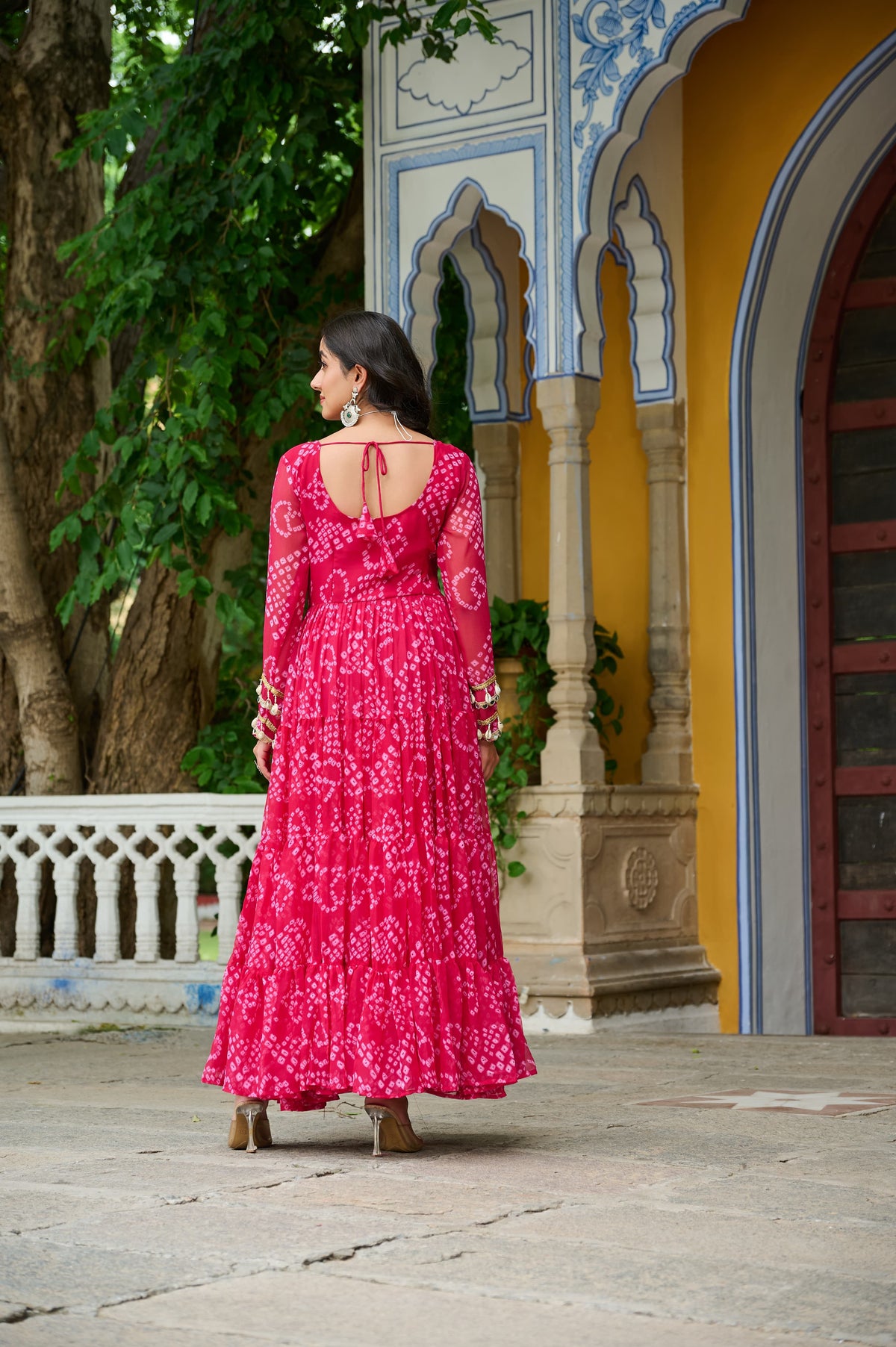 Prazu Fashion Pink Georgette Bandhani Print With Kutchi Patch work Navaratri Gown | Grocsy