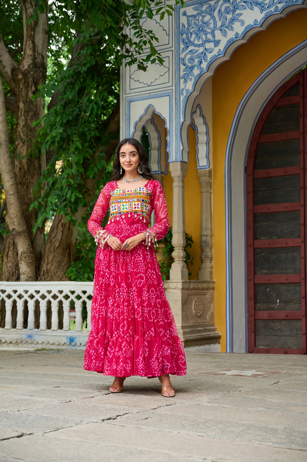 Prazu Fashion Pink Georgette Bandhani Print With Kutchi Patch work Navaratri Gown | Grocsy