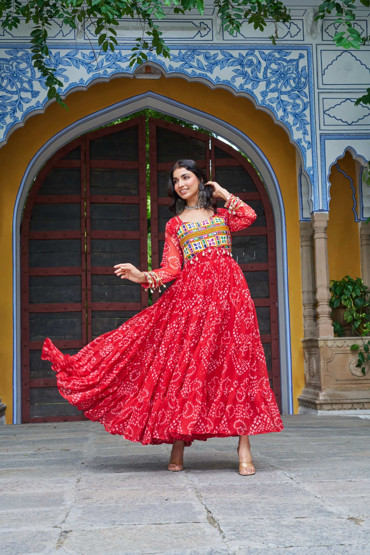 Prazu Fashion Red Georgette Bandhani Print With Kutchi Patch work Navaratri Gown | Grocsy