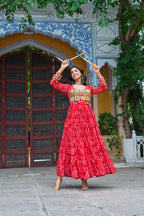Prazu Fashion Red Georgette Bandhani Print With Kutchi Patch work Navaratri Gown | Grocsy