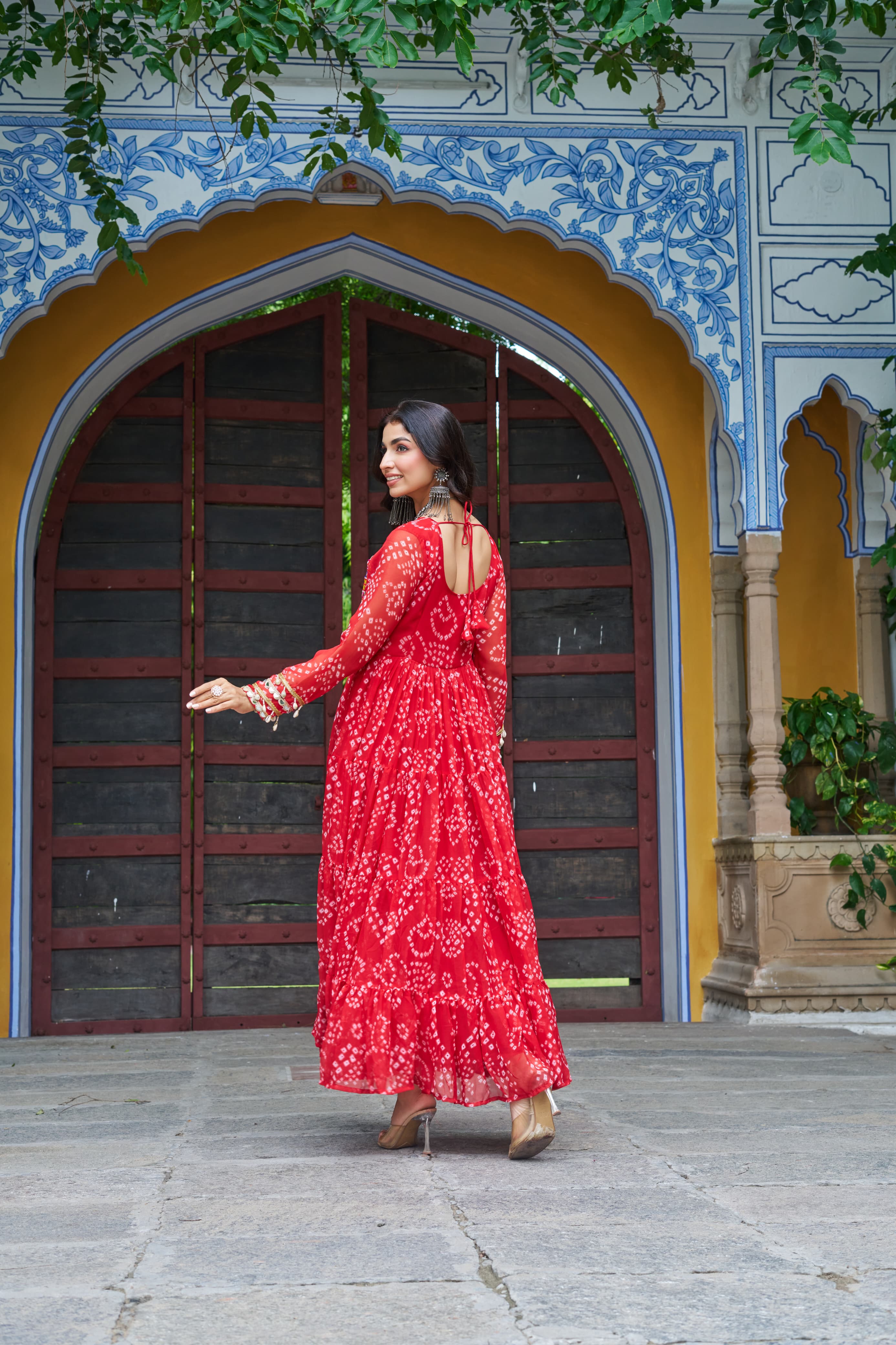 Prazu Fashion Red Georgette Bandhani Print With Kutchi Patch work Navaratri Gown | Grocsy