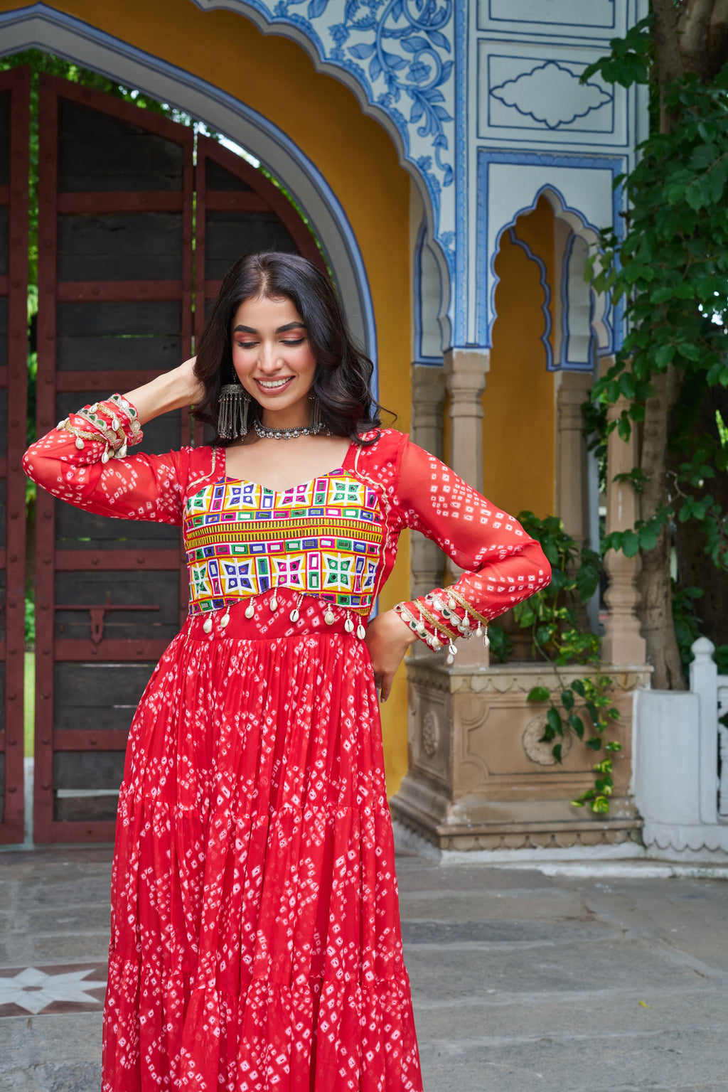 Prazu Fashion Red Georgette Bandhani Print With Kutchi Patch work Navaratri Gown | Grocsy
