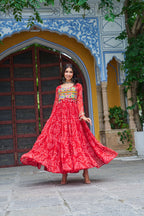 Prazu Fashion Red Georgette Bandhani Print With Kutchi Patch work Navaratri Gown | Grocsy