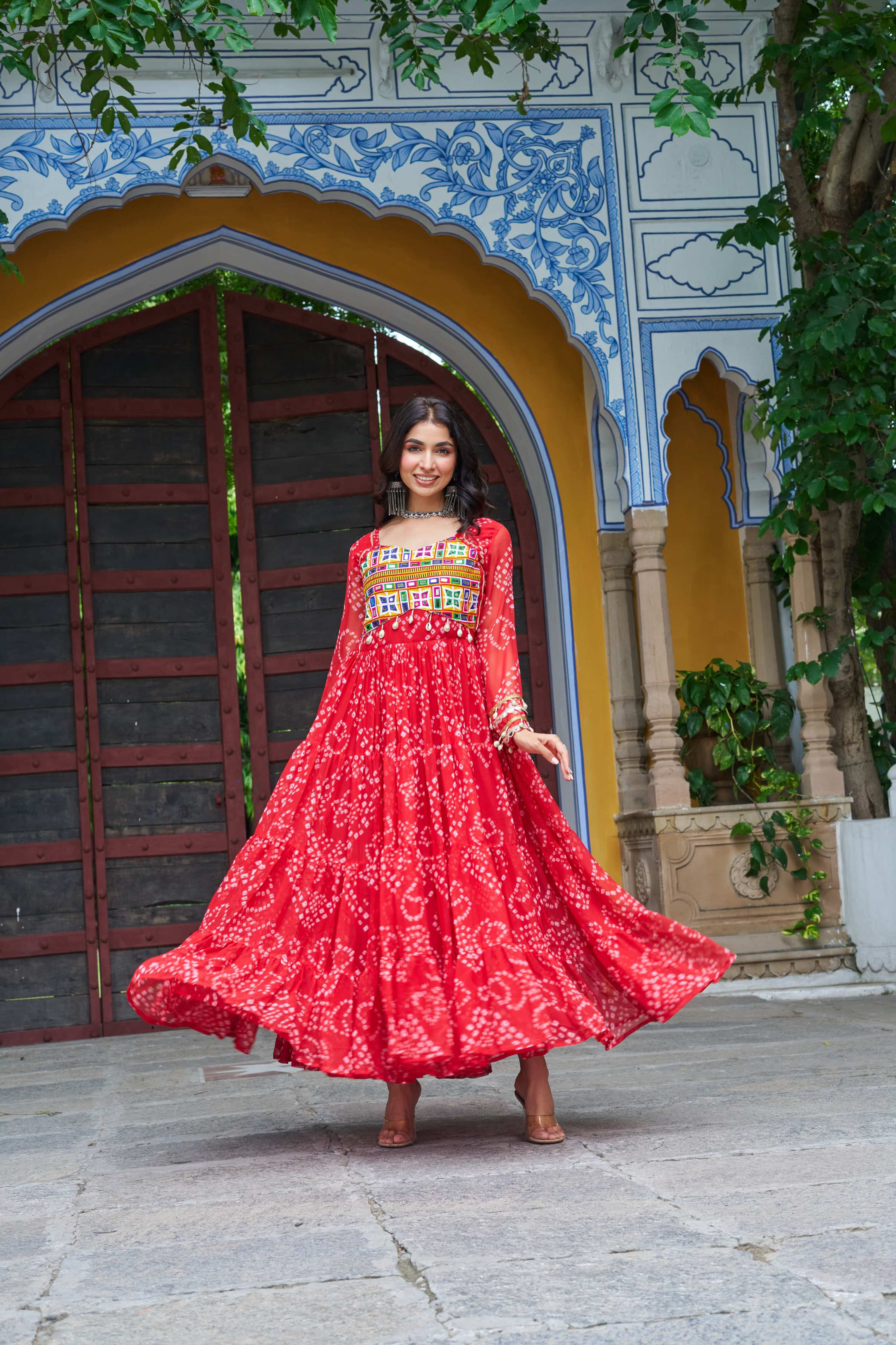 Prazu Fashion Red Georgette Bandhani Print With Kutchi Patch work Navaratri Gown | Grocsy