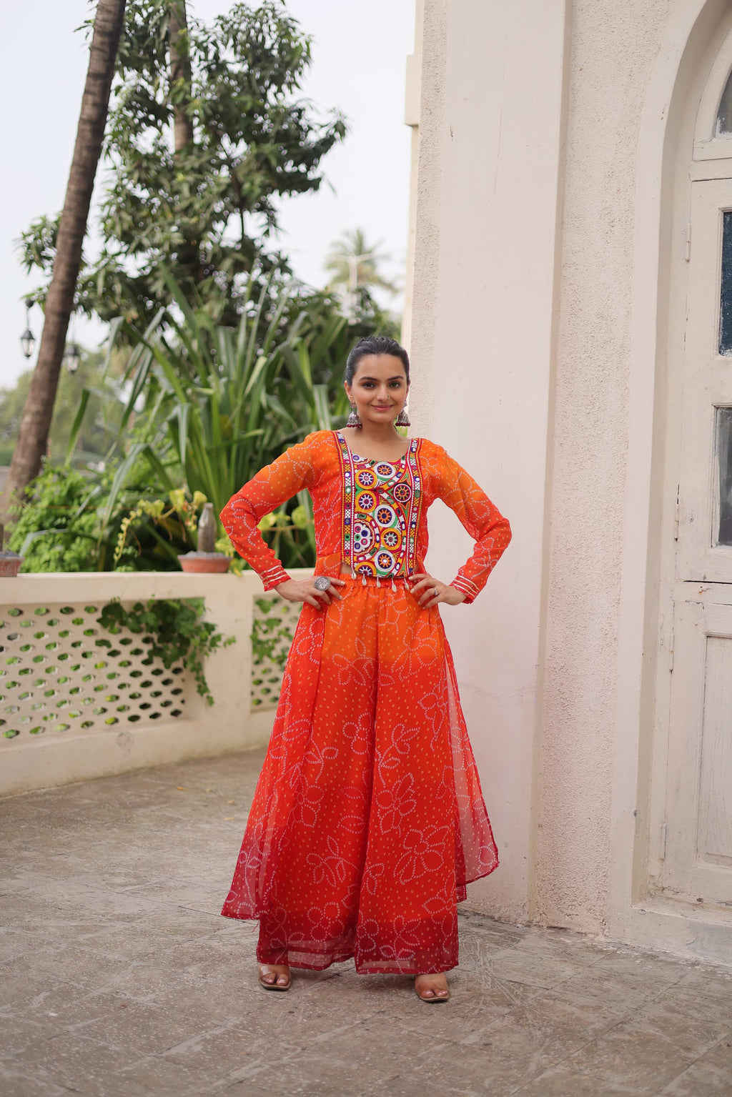 Prazu Fashion Orange Georgette Bandhani Print Gamthi Patchwork Suit For Navratri | Grocsy