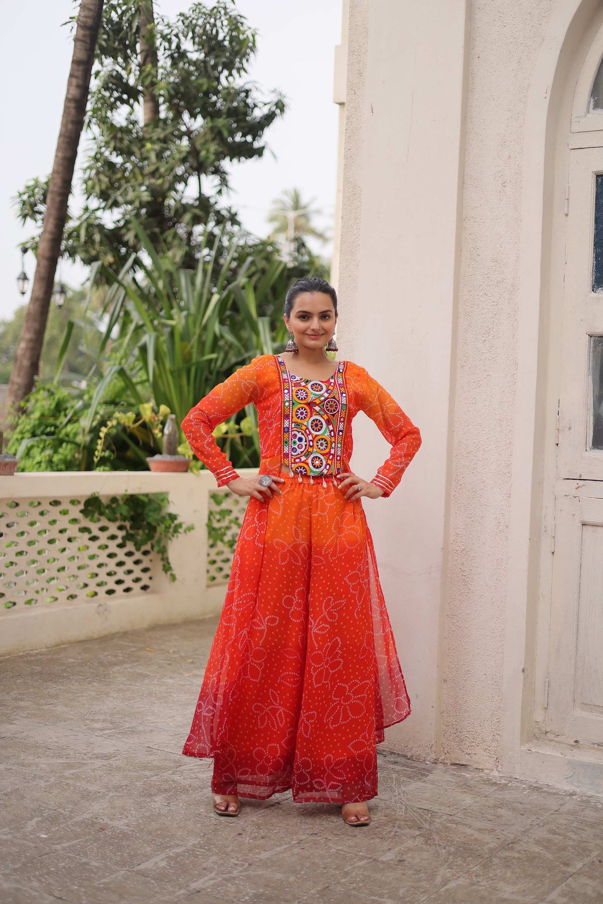 Prazu Fashion Orange Georgette Bandhani Print Gamthi Patchwork Suit For Navratri | Grocsy