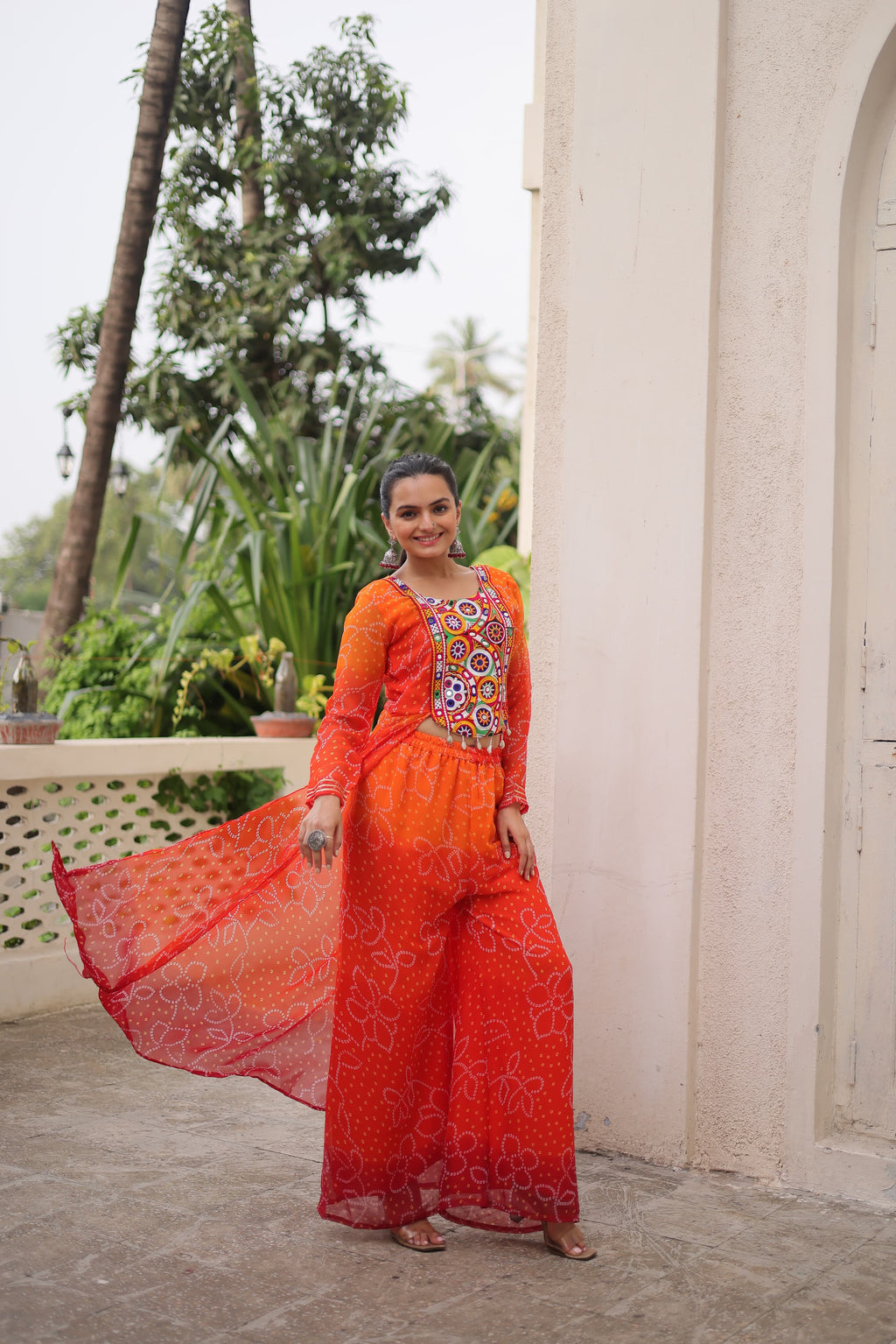 Prazu Fashion Orange Georgette Bandhani Print Gamthi Patchwork Suit For Navratri | Grocsy