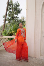 Prazu Fashion Orange Georgette Bandhani Print Gamthi Patchwork Suit For Navratri | Grocsy