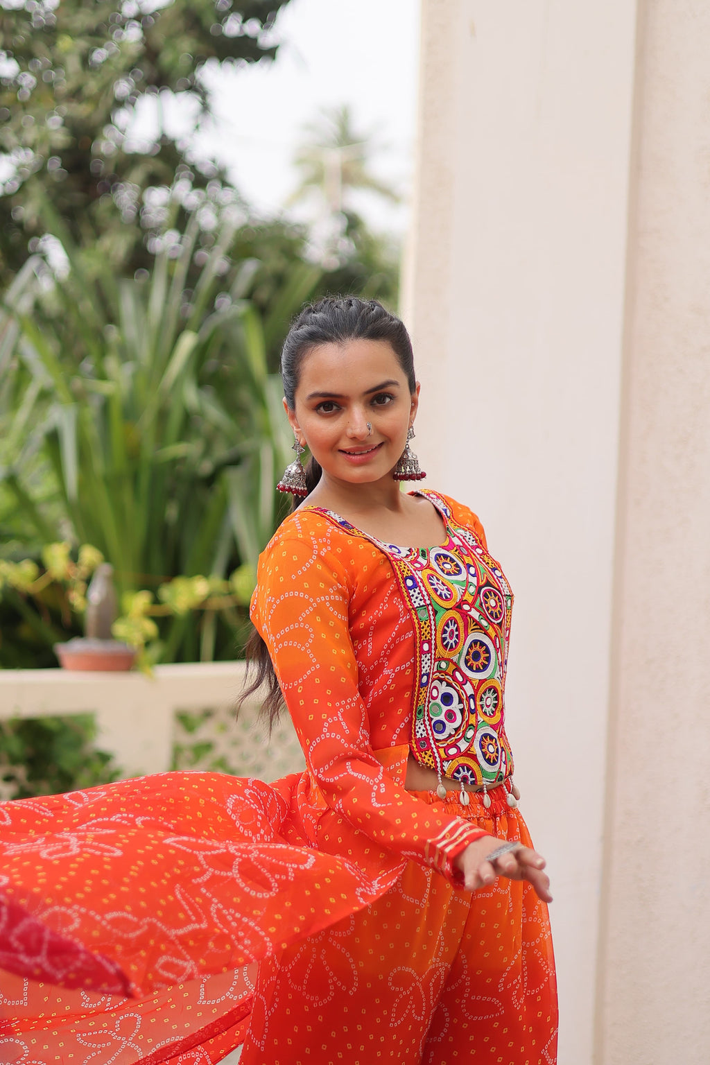 Prazu Fashion Orange Georgette Bandhani Print Gamthi Patchwork Suit For Navratri | Grocsy