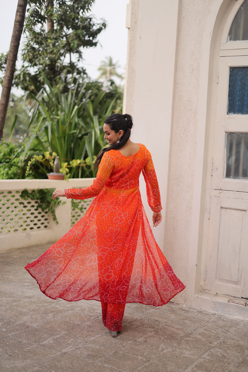 Prazu Fashion Orange Georgette Bandhani Print Gamthi Patchwork Suit For Navratri | Grocsy