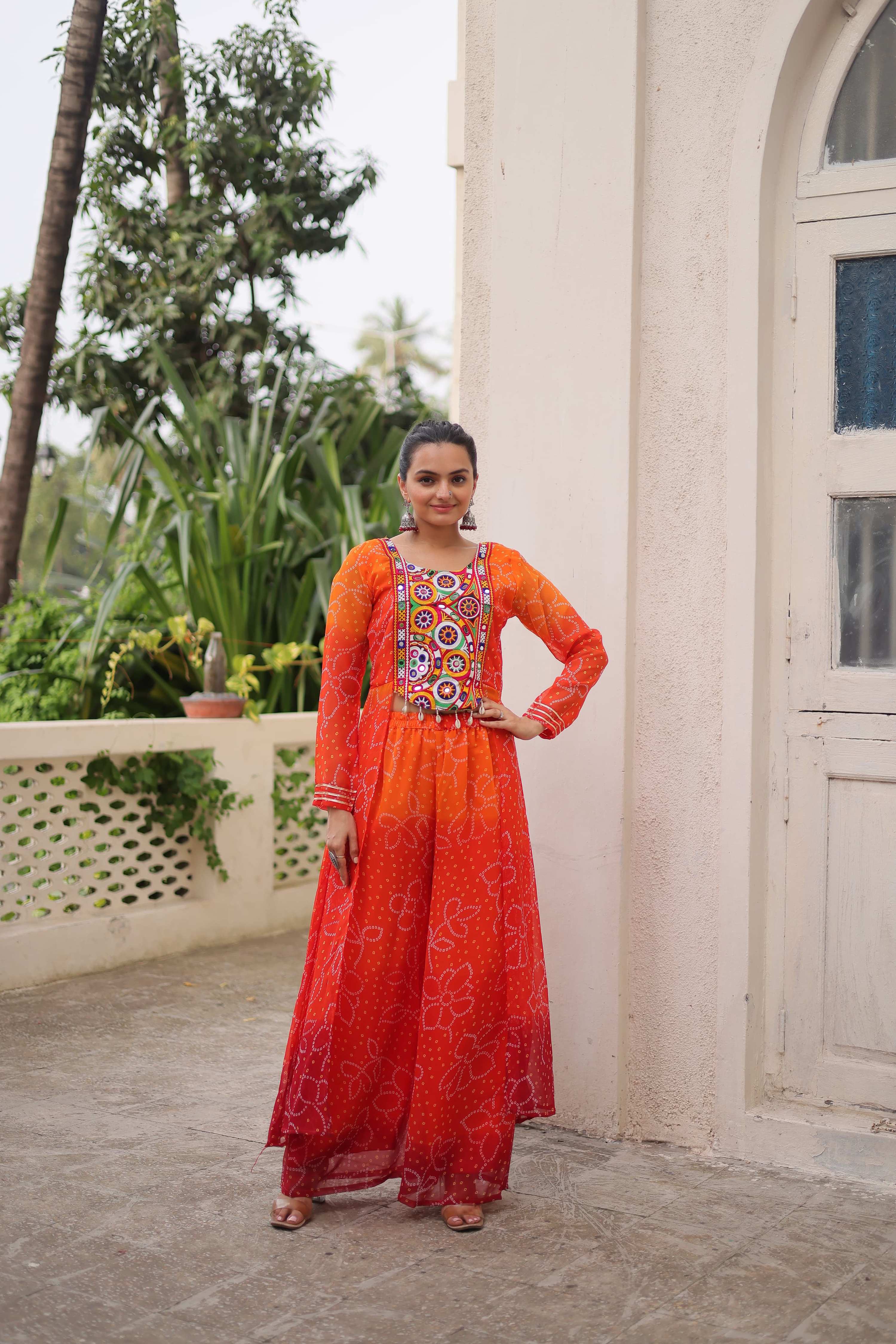 Prazu Fashion Orange Georgette Bandhani Print Gamthi Patchwork Suit For Navratri | Grocsy