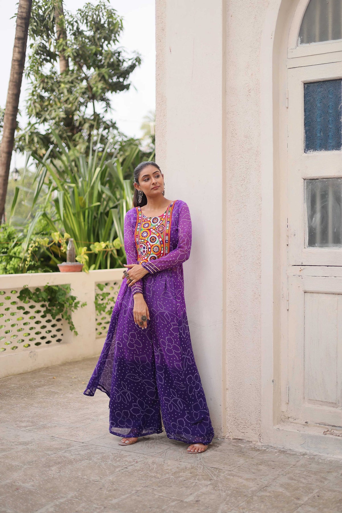 Prazu Fashion Violet Georgette Bandhani Print Gamthi Patchwork Suit For Navratri | Grocsy