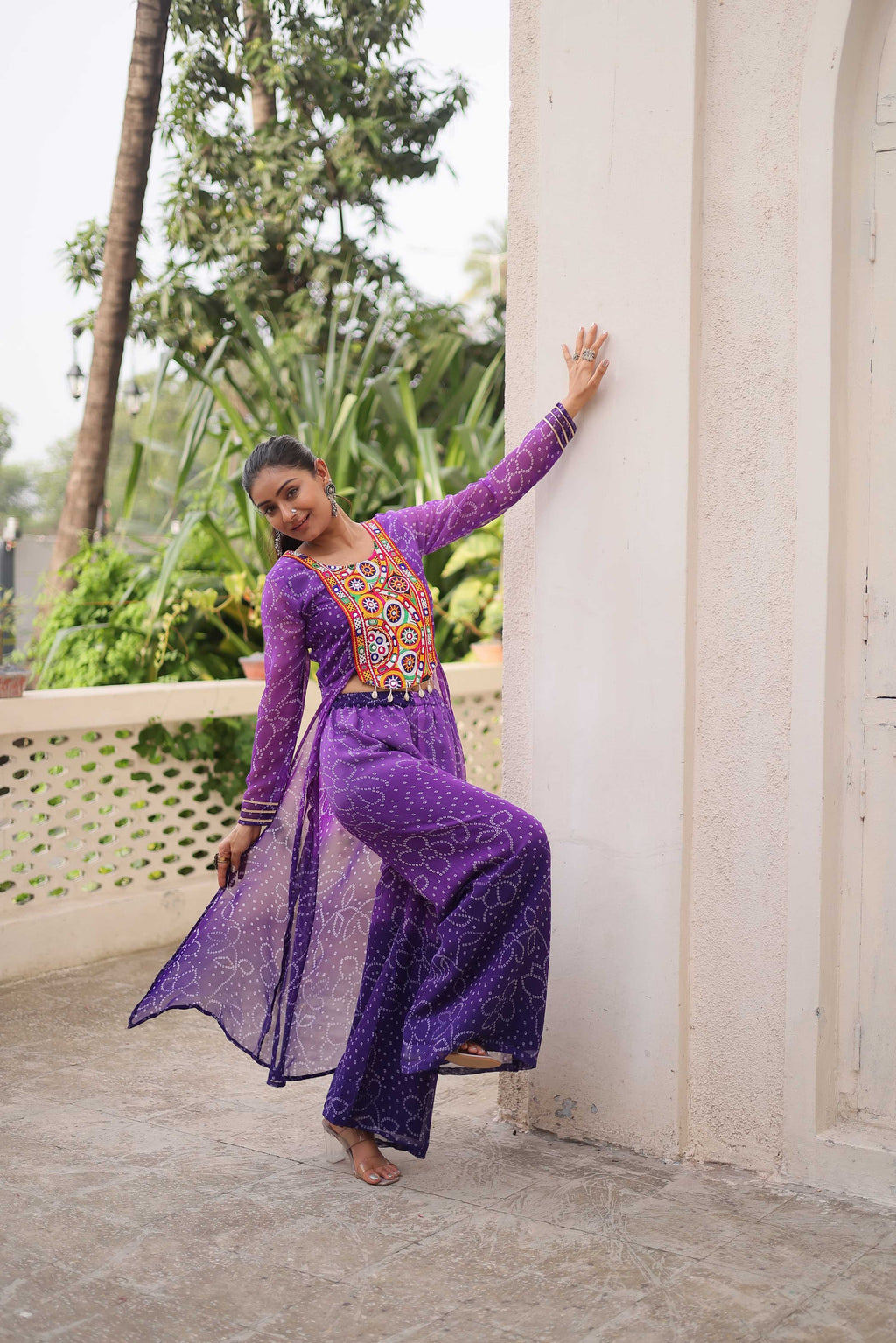 Prazu Fashion Violet Georgette Bandhani Print Gamthi Patchwork Suit For Navratri | Grocsy