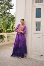 Prazu Fashion Violet Georgette Bandhani Print Gamthi Patchwork Suit For Navratri | Grocsy