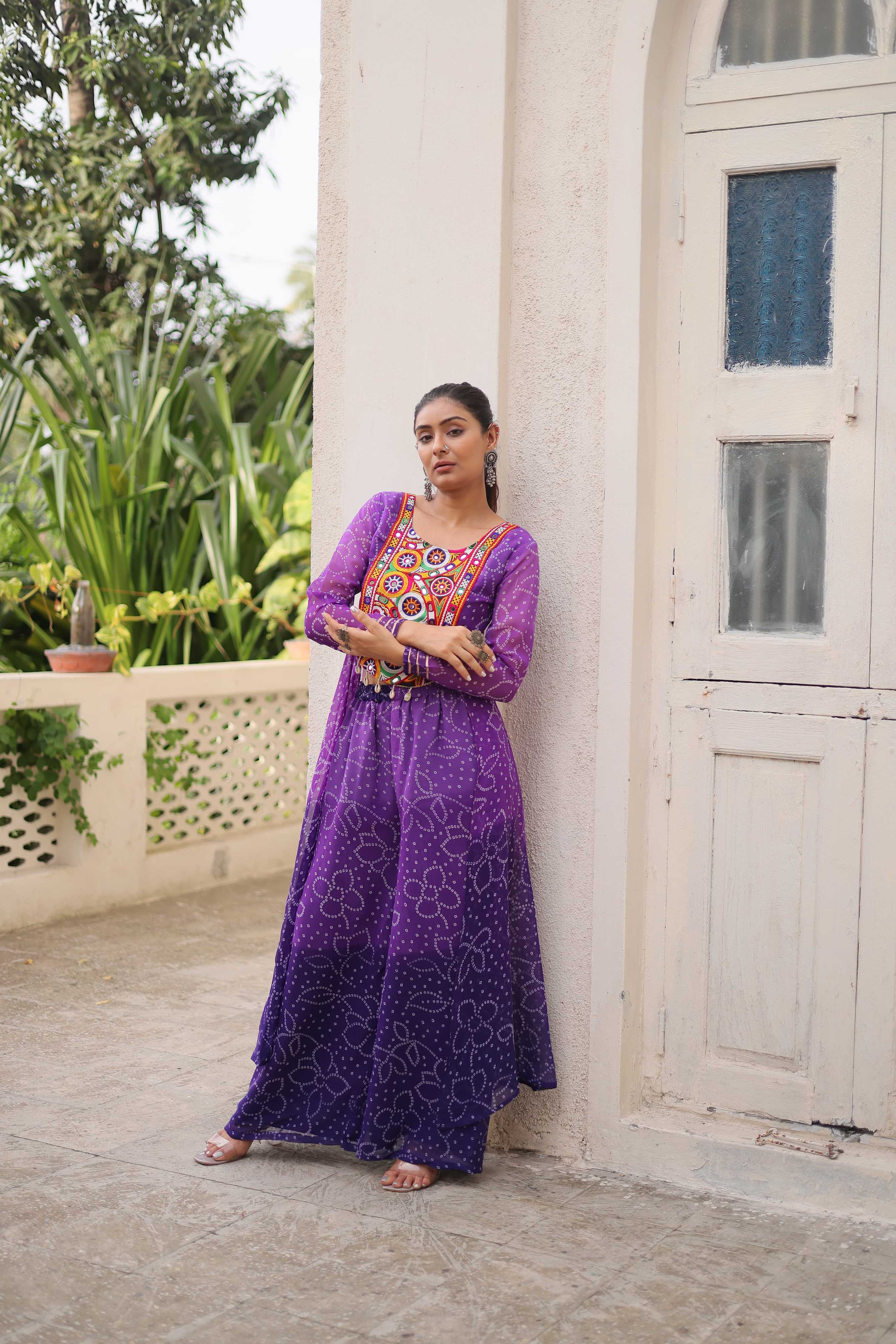 Prazu Fashion Violet Georgette Bandhani Print Gamthi Patchwork Suit For Navratri | Grocsy
