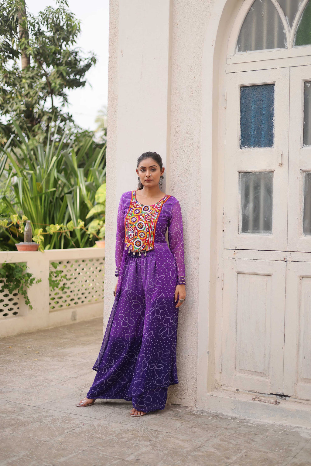 Prazu Fashion Violet Georgette Bandhani Print Gamthi Patchwork Suit For Navratri | Grocsy