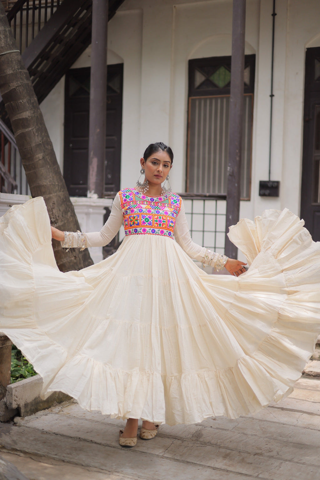Prazu Fashion Off White Kora Cotton With Multi Thread Embroidered Gamthi Work Navratri Gown | Grocsy