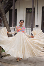 Prazu Fashion Off White Kora Cotton With Multi Thread Embroidered Gamthi Work Navratri Gown | Grocsy
