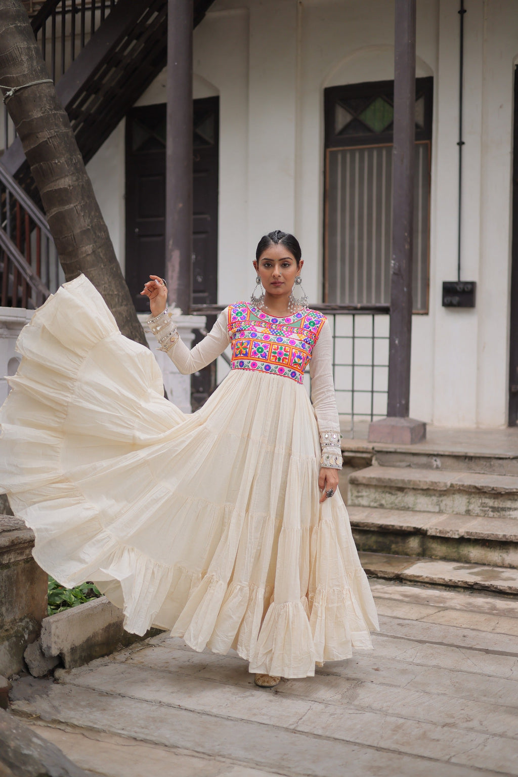 Prazu Fashion Off White Kora Cotton With Multi Thread Embroidered Gamthi Work Navratri Gown | Grocsy