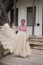 Prazu Fashion Off White Kora Cotton With Multi Thread Embroidered Gamthi Work Navratri Gown | Grocsy