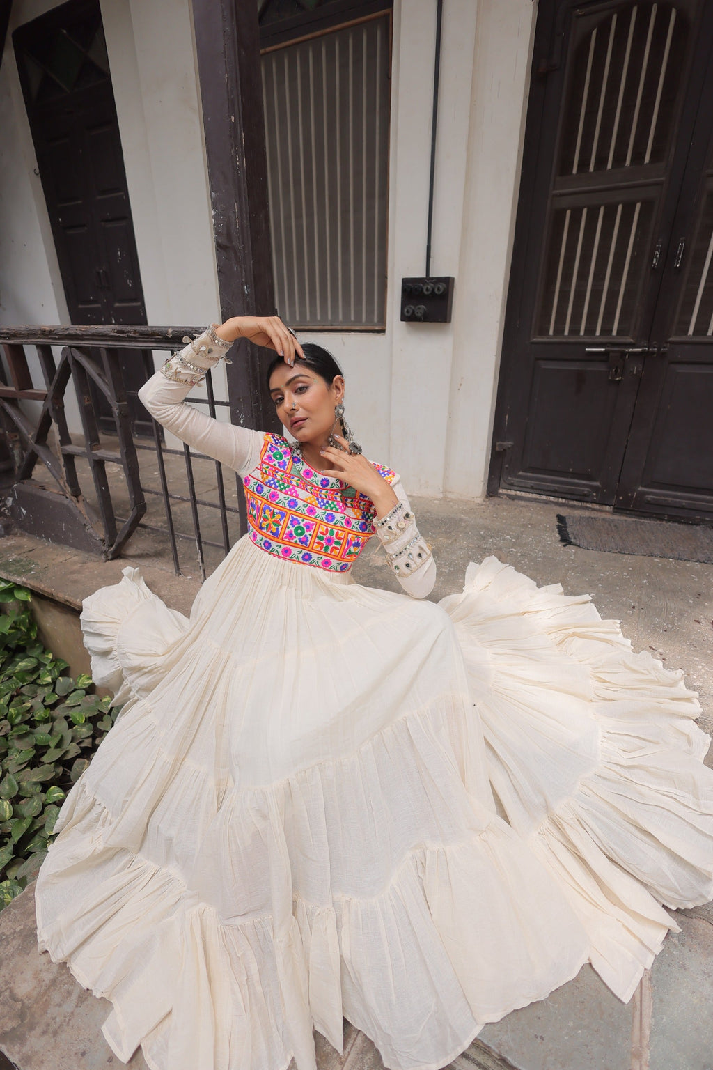 Prazu Fashion Off White Kora Cotton With Multi Thread Embroidered Gamthi Work Navratri Gown | Grocsy