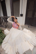 Prazu Fashion Off White Kora Cotton With Multi Thread Embroidered Gamthi Work Navratri Gown | Grocsy