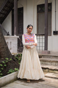 Prazu Fashion Off White Kora Cotton With Multi Thread Embroidered Gamthi Work Navratri Gown | Grocsy