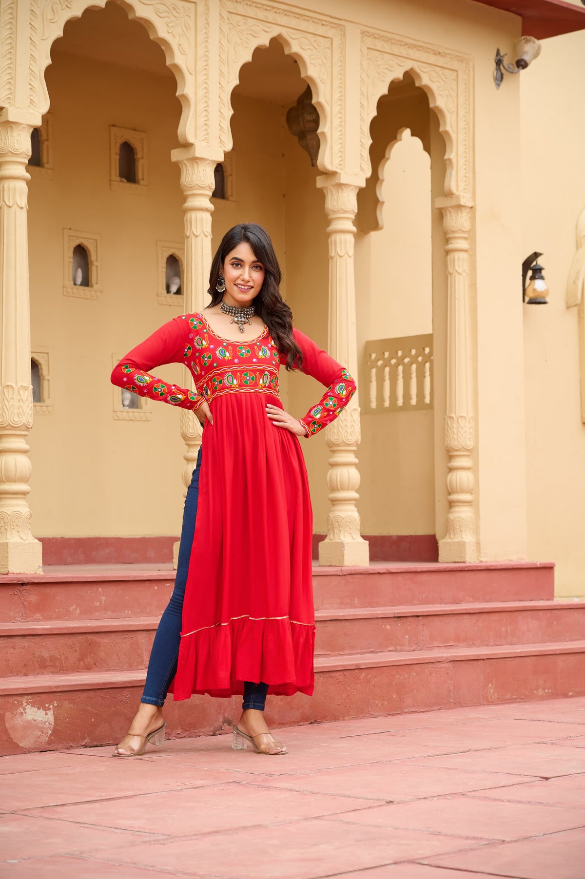 Prazu Fashion Red Rayon With Kutchi Gamthi Work Navratri Kurti | Grocsy