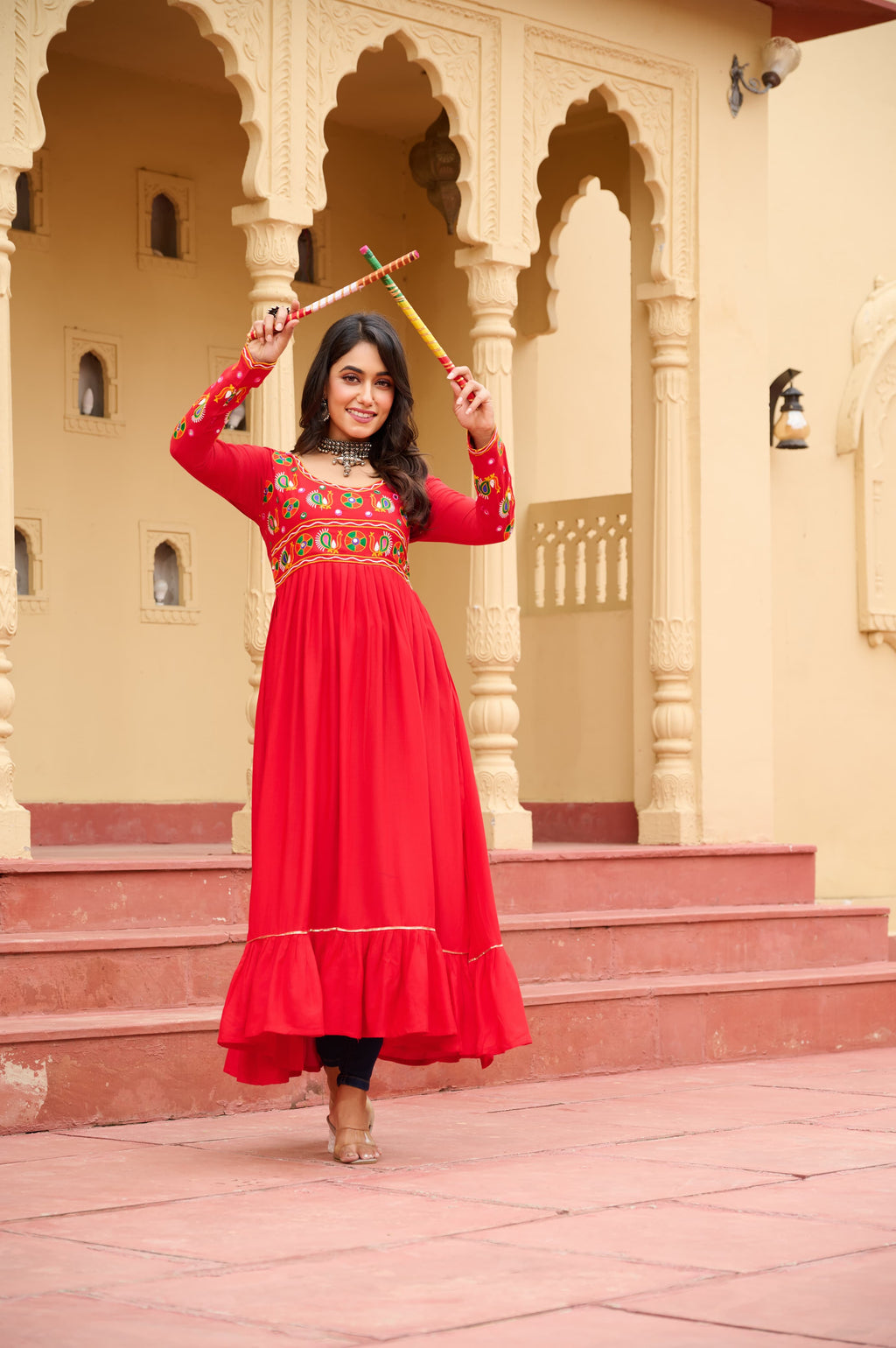 Prazu Fashion Red Rayon With Kutchi Gamthi Work Navratri Kurti | Grocsy