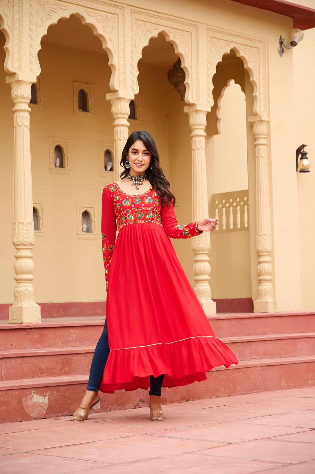Prazu Fashion Red Rayon With Kutchi Gamthi Work Navratri Kurti | Grocsy