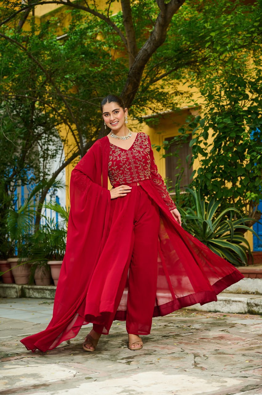Prazu Fashion Maroon Wine Georgette Multithreaded Beads Embroidered Salwar Suit | Grocsy