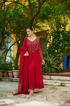 Prazu Fashion Maroon Wine Georgette Multithreaded Beads Embroidered Salwar Suit | Grocsy