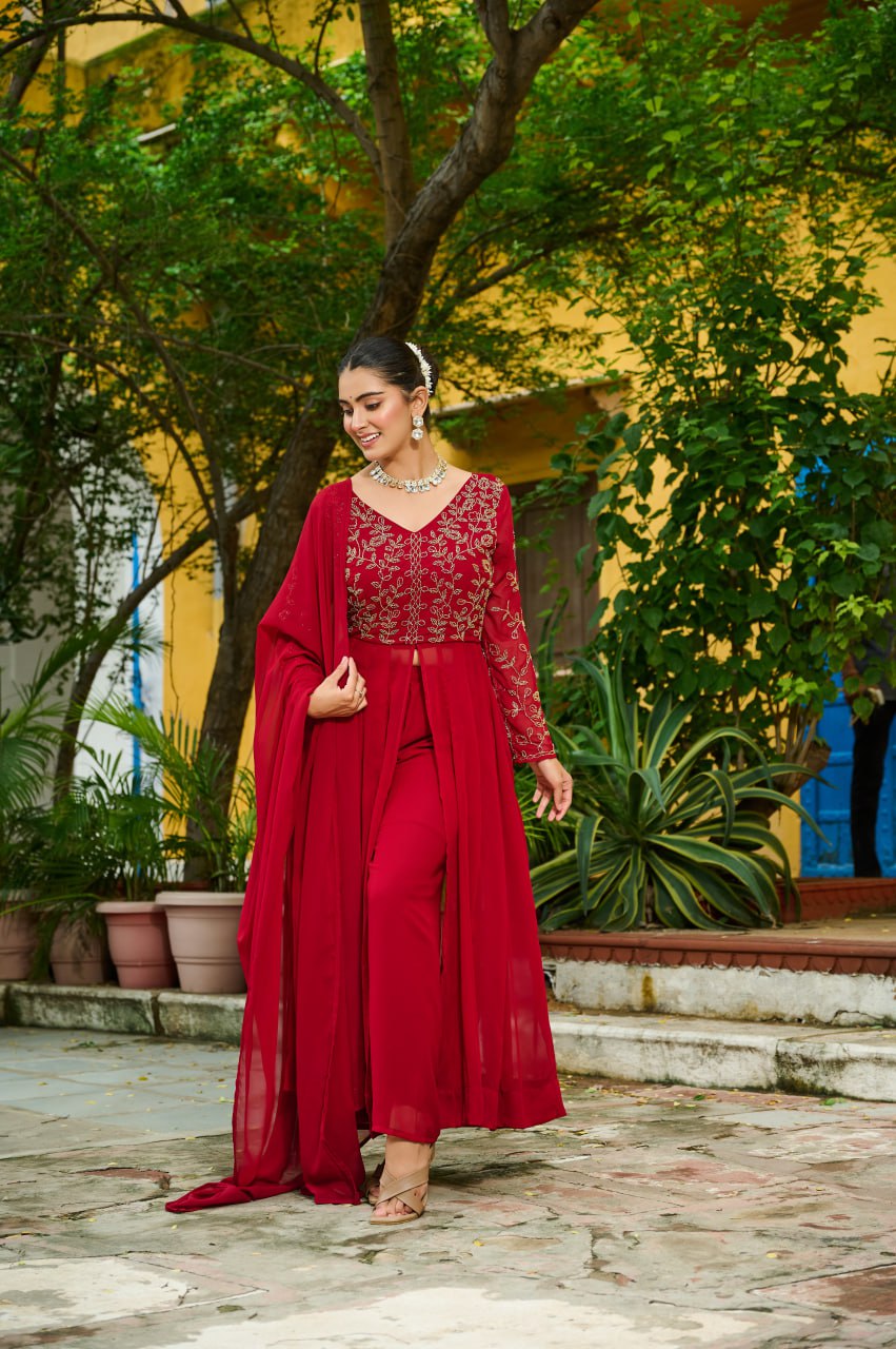 Prazu Fashion Maroon Wine Georgette Multithreaded Beads Embroidered Salwar Suit | Grocsy