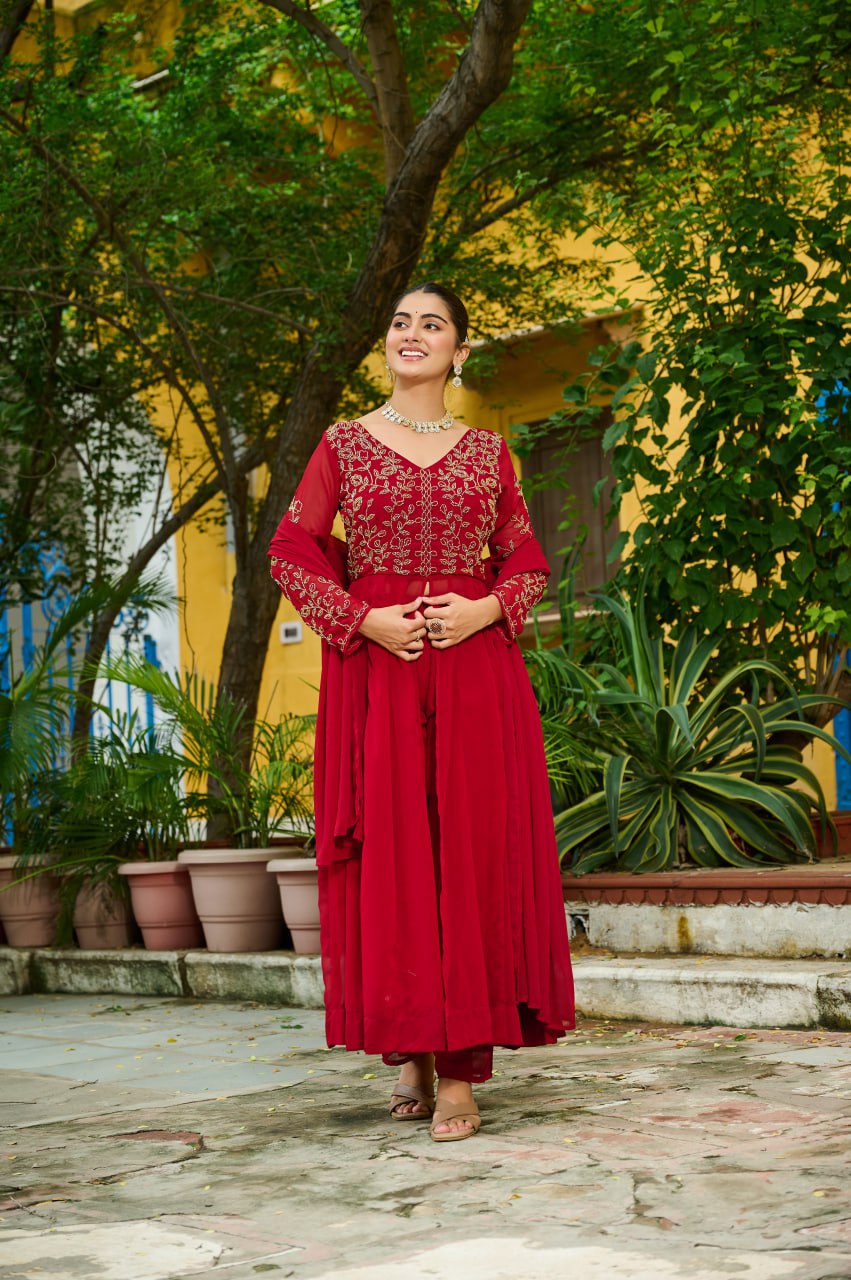 Prazu Fashion Maroon Wine Georgette Multithreaded Beads Embroidered Salwar Suit | Grocsy