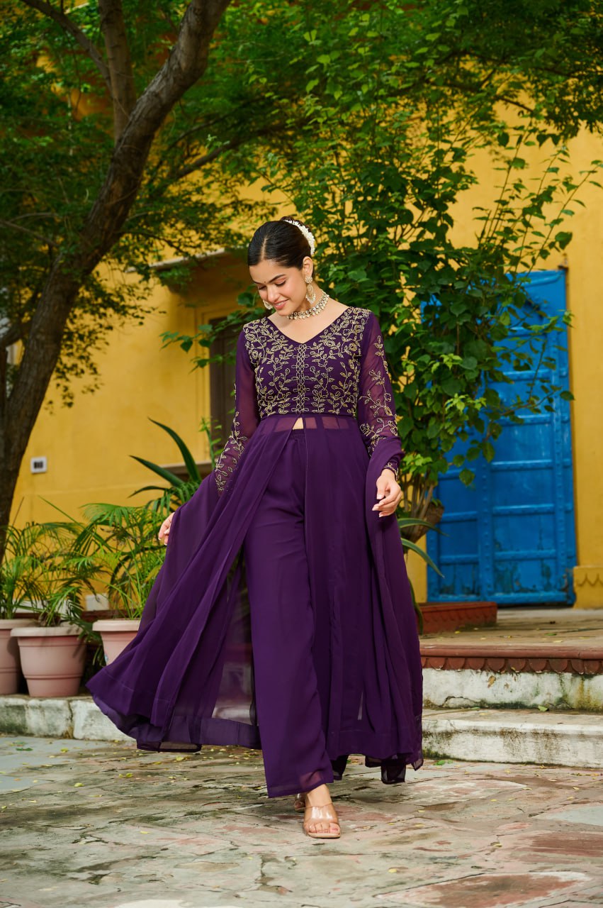 Prazu Fashion Wine Georgette Multithreaded Beads Embroidered Salwar Suit | Grocsy