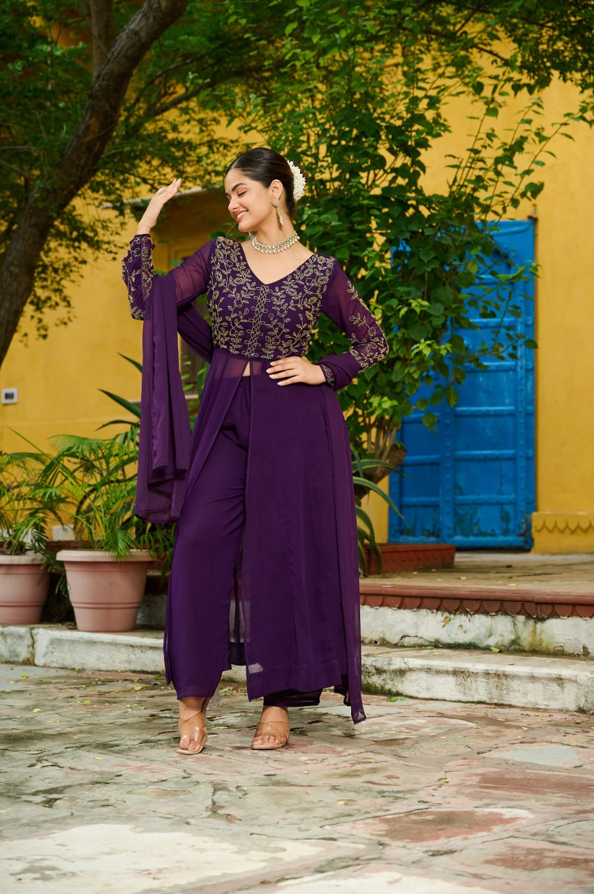 Prazu Fashion Wine Georgette Multithreaded Beads Embroidered Salwar Suit | Grocsy