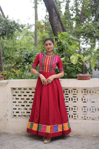 Prazu Fashion Red Roman Silk Multicolor Thread And Mirror Work Navratri Gown | Grocsy