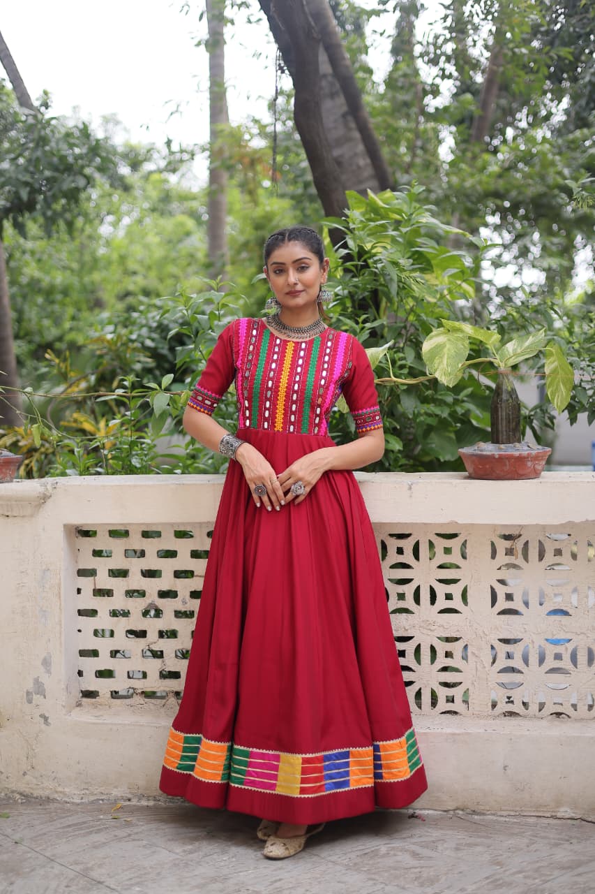 Prazu Fashion Red Roman Silk Multicolor Thread And Mirror Work Navratri Gown | Grocsy