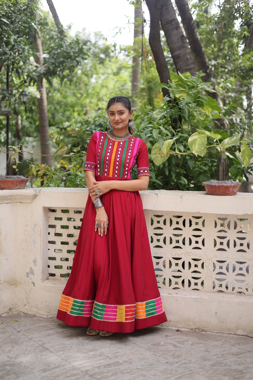 Prazu Fashion Red Roman Silk Multicolor Thread And Mirror Work Navratri Gown | Grocsy