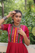 Prazu Fashion Red Roman Silk Multicolor Thread And Mirror Work Navratri Gown | Grocsy