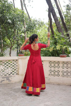 Prazu Fashion Red Roman Silk Multicolor Thread And Mirror Work Navratri Gown | Grocsy