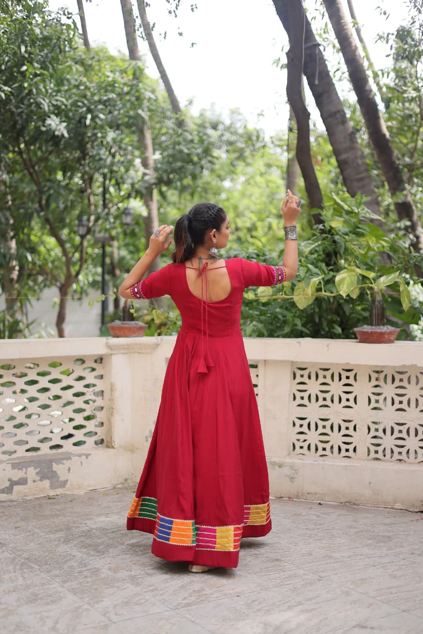 Prazu Fashion Red Roman Silk Multicolor Thread And Mirror Work Navratri Gown | Grocsy
